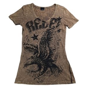 Daytrip V-Neck Rebel Eagle Graphic Acid Wash Tee SZ M